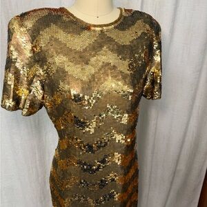 1980s GOLD SEQUIN CHEVRON COCKTAIL DRESS MEDIUM